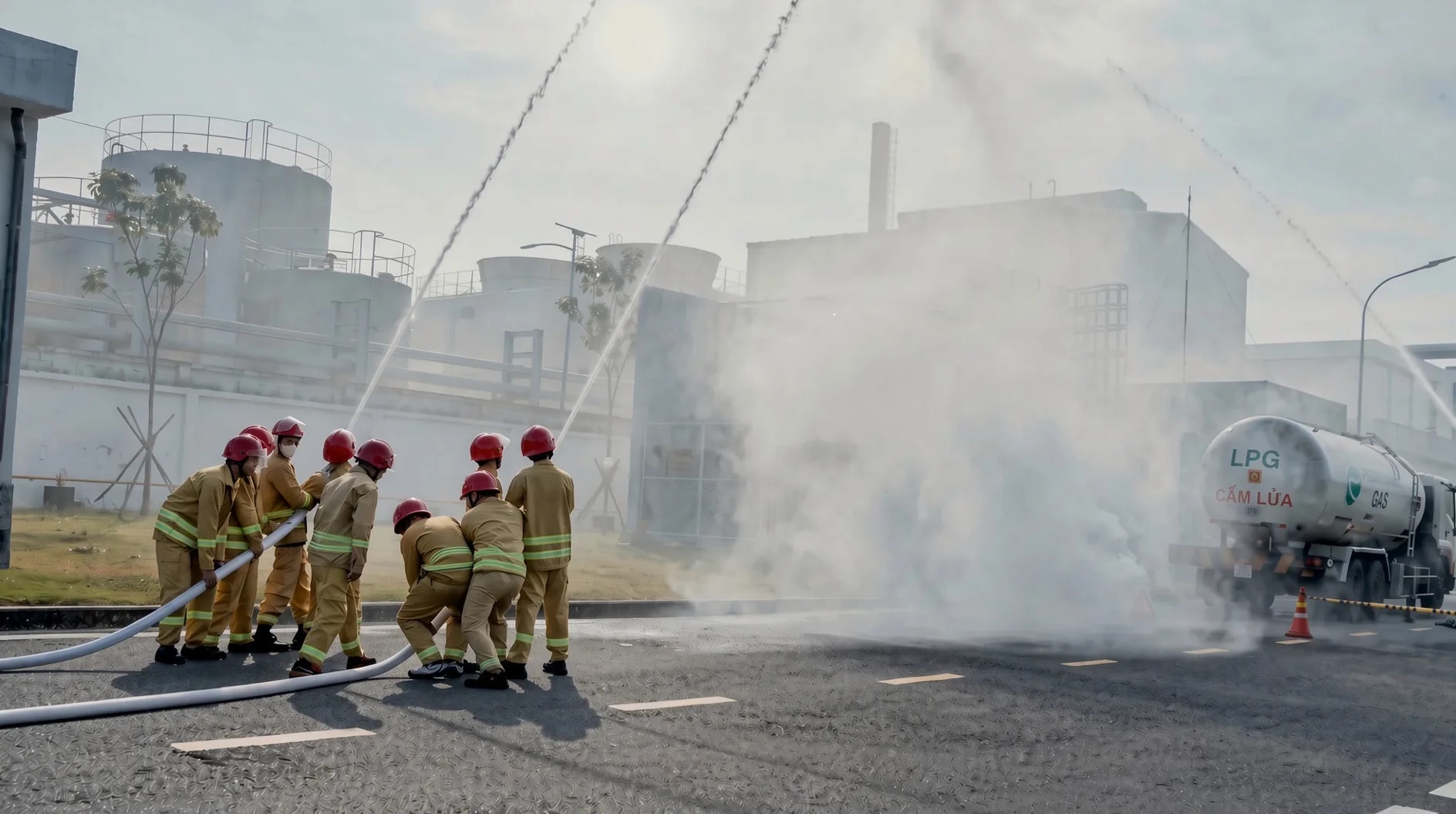 Pompiers casqués rouges en tenue jaune réfléchissante tenant des lances sur l’asphalte ; citerne GPL marquée CẤM LỬA et fumée blanche à droite