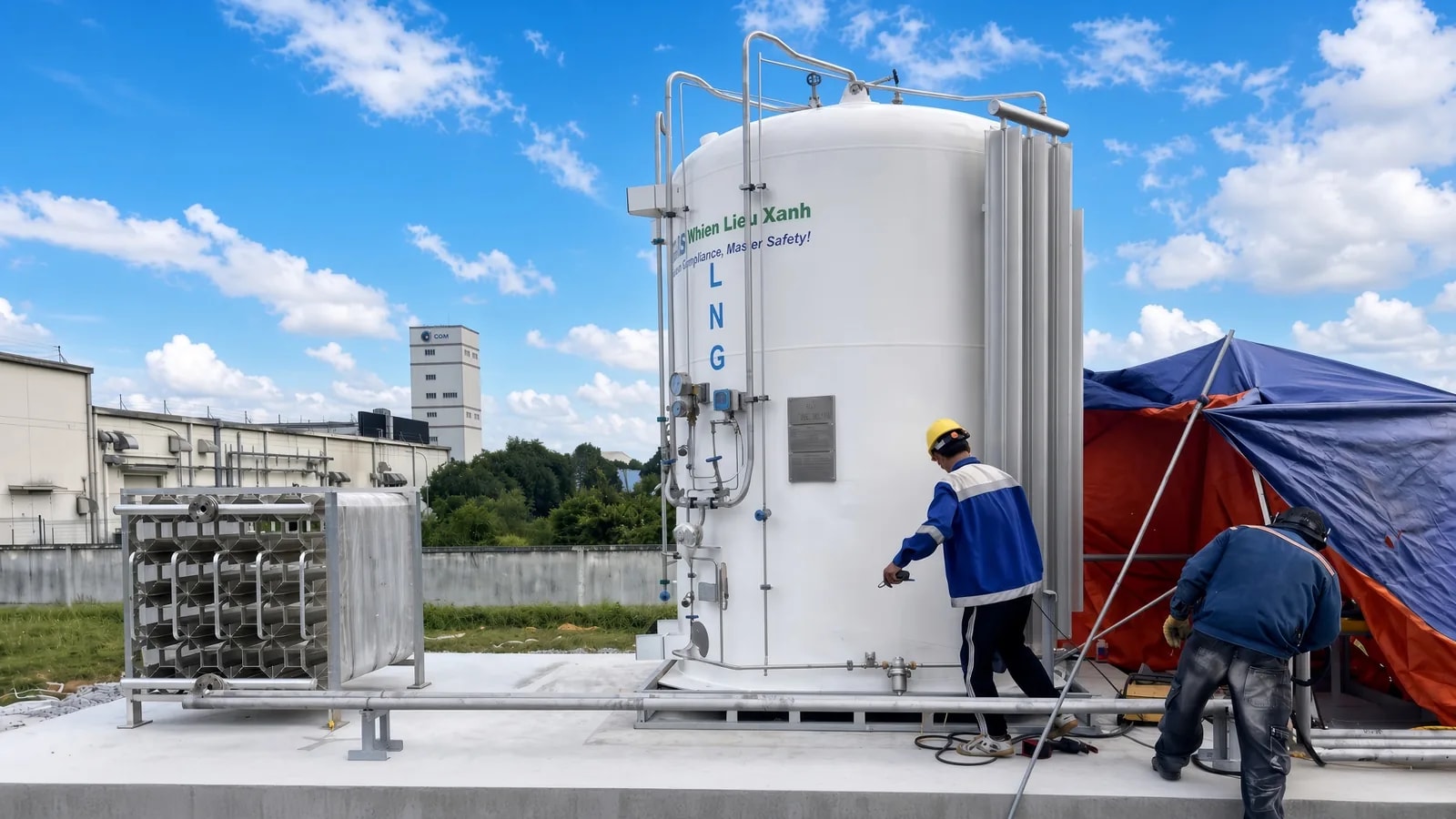 Cuve GNL verticale blanche marquée Nhien Lieu Xanh, deux techniciens à droite, vaporiseur inox à gauche sous un ciel bleu