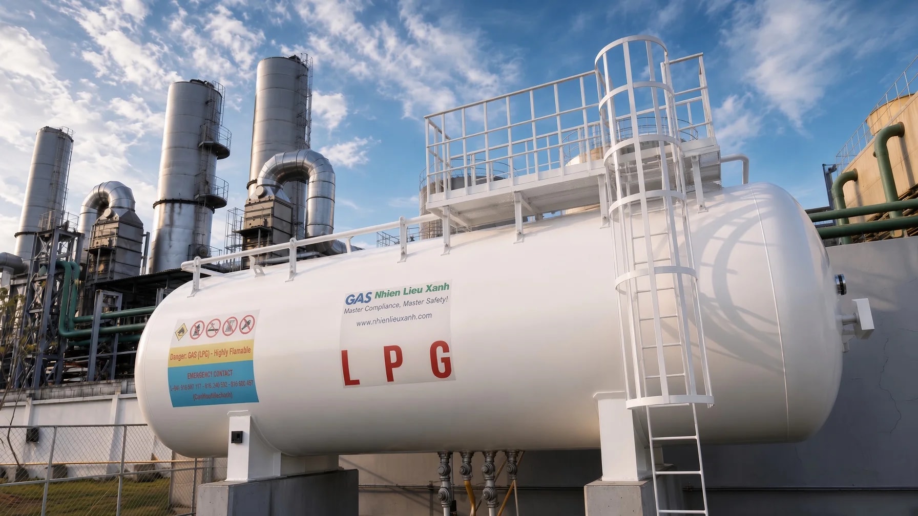 공장 구역의 수평형 LPG 저장 탱크 및 배관 시스템